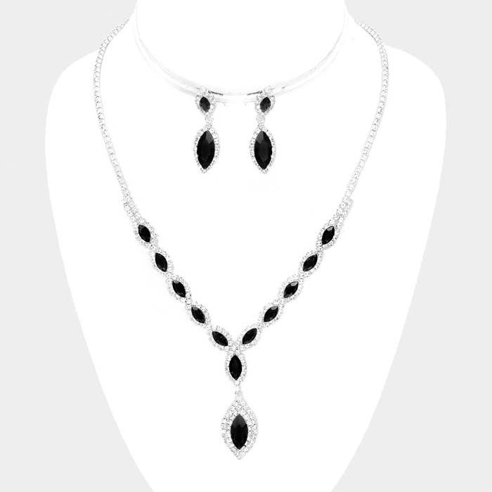 Black Marquise Crystal Rhinestone Drop Silver Necklace Set