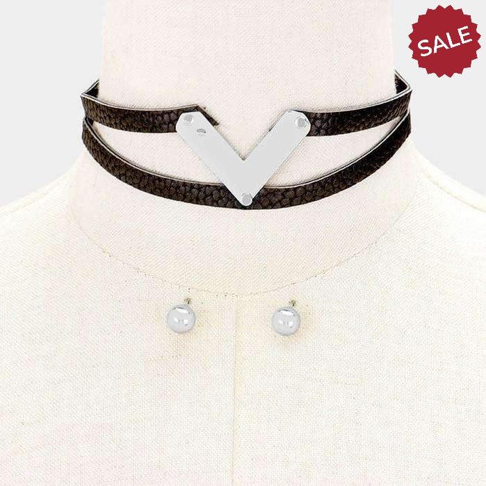 Black Metal "V" Double Tier Faux Leather Choker Necklace & Earring Set-Necklace-SPARKLE ARMAND