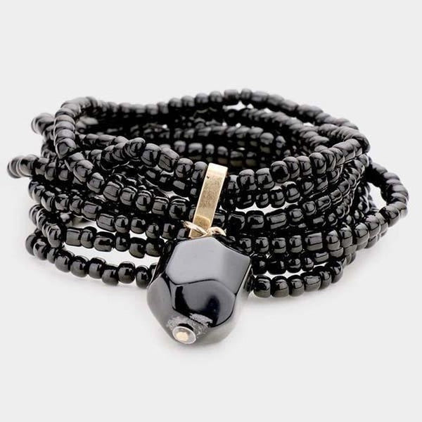 Black Multi Strand Bead Natural Stone Stretch Bracelet