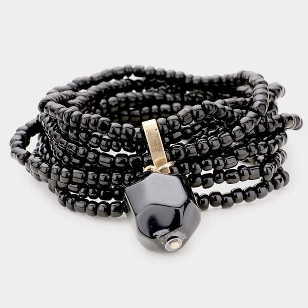 Black Multi Strand Bead Natural Stone Stretch Bracelet