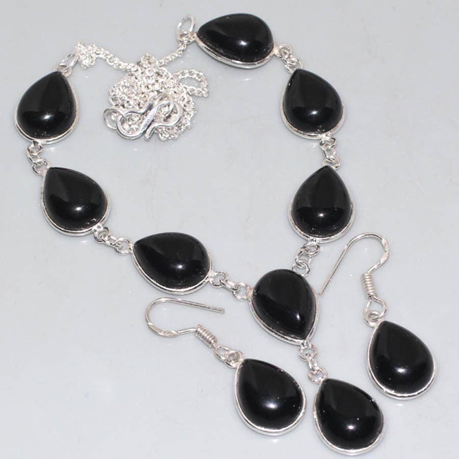 Black Onyx .925 Silver Plated Necklace & Earring Set 18"-Necklace-SPARKLE ARMAND