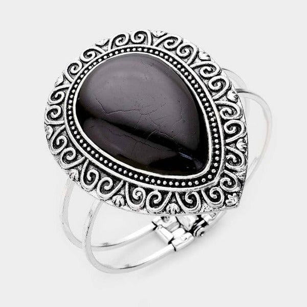 Black Onyx (faux) Stone Antique Pattern Hinged Bracelet