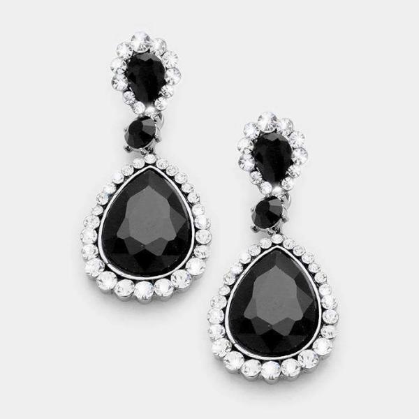 Black Rhinestone Pave Trim Crystal Evening Earrings