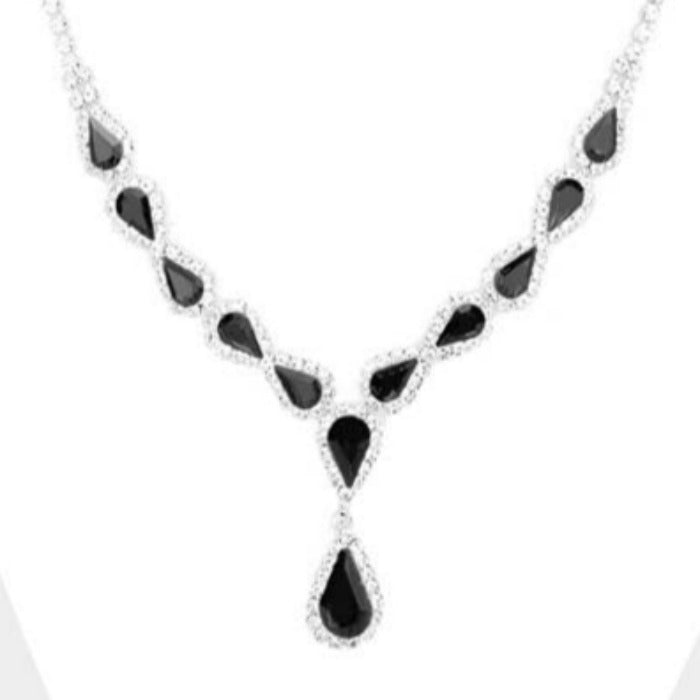 Black Pear Crystal Rhinestone Drop Silver Necklace Set
