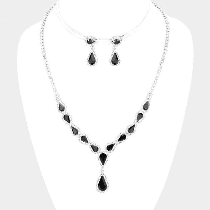 Black Pear Crystal Rhinestone Drop Silver Necklace Set