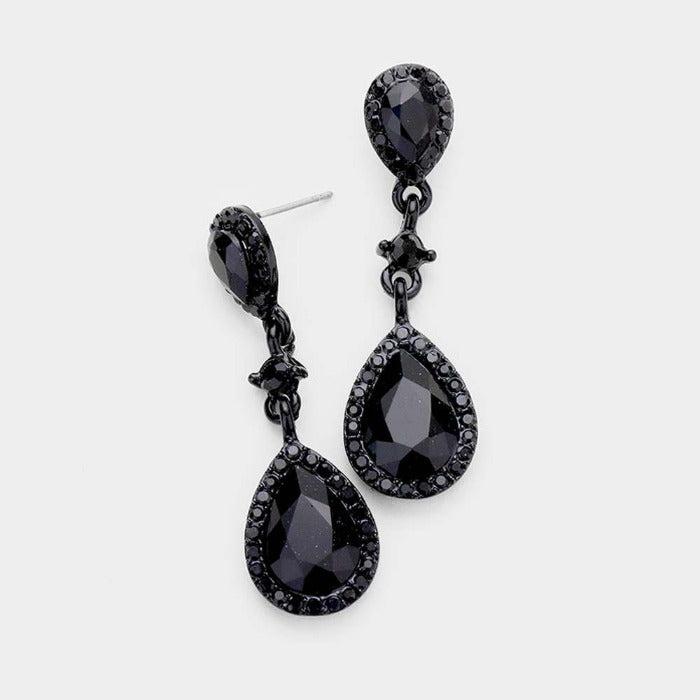 Black Pear Crystal Rhinestone Trim Drop Evening Earrings