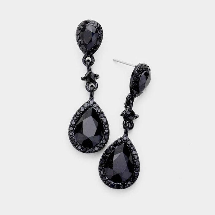 Black Pear Crystal Rhinestone Trim Drop Evening Earrings