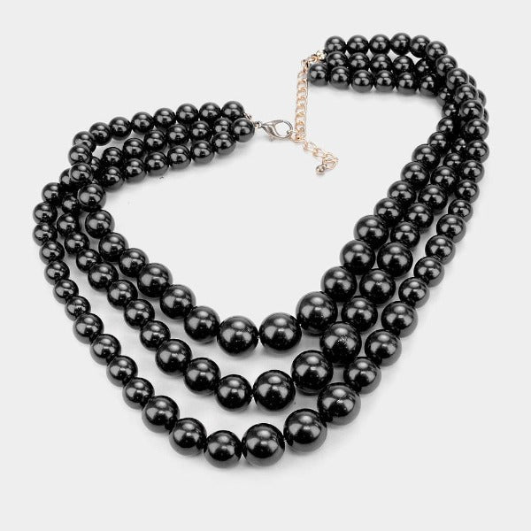 Black Pearl (faux) Triple Strand Necklace & Earring Set by core