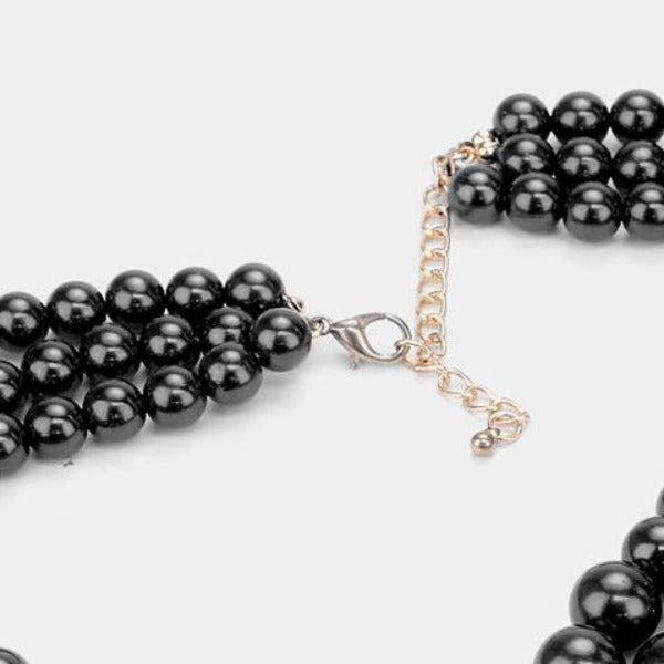 Black Pearl (faux) Triple Strand Necklace & Earring Set by core