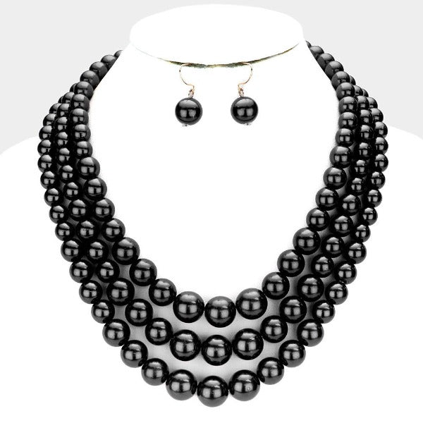 Black Pearl (faux) Triple Strand Necklace & Earring Set by core