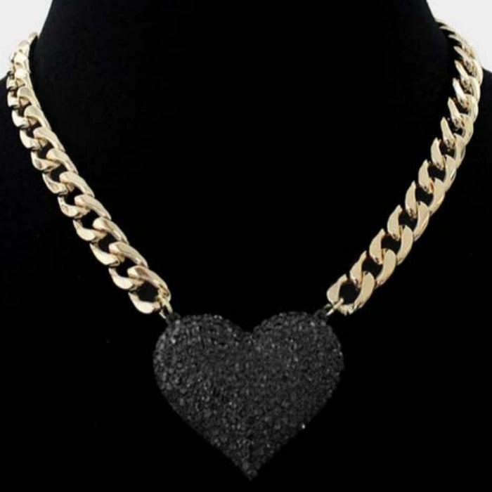 Black Rhinestone Pave Heart Pendant Gold Necklace Set