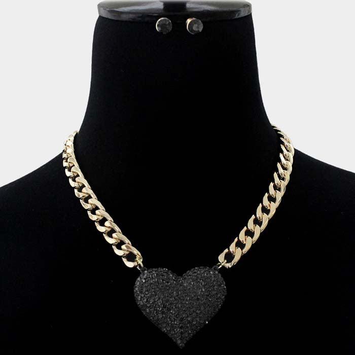 Black Rhinestone Pave Heart Pendant Gold Necklace Set