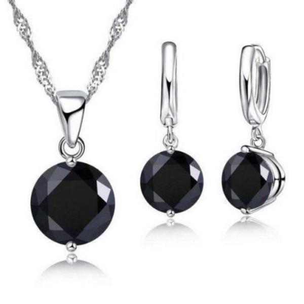 Black Round CZ Silver Necklace & Earring 2 Piece Set-Necklace-SPARKLE ARMAND