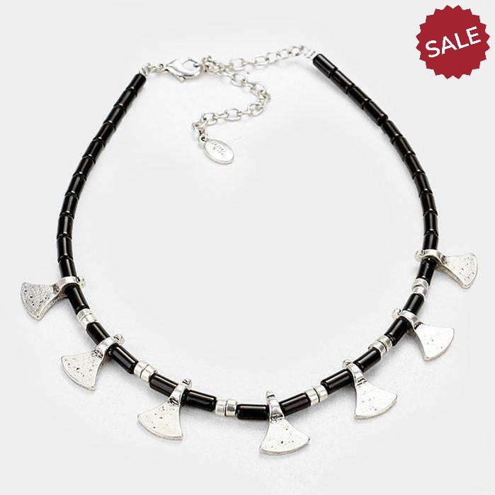 Black & Silver Burnished Metal Decor Choker Necklace-Necklace-SPARKLE ARMAND