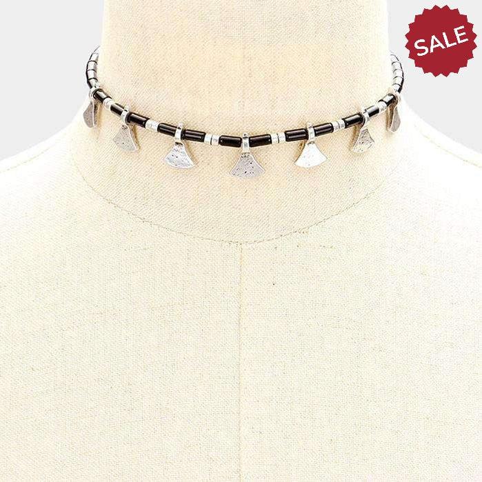 Black & Silver Burnished Metal Decor Choker Necklace-Necklace-SPARKLE ARMAND