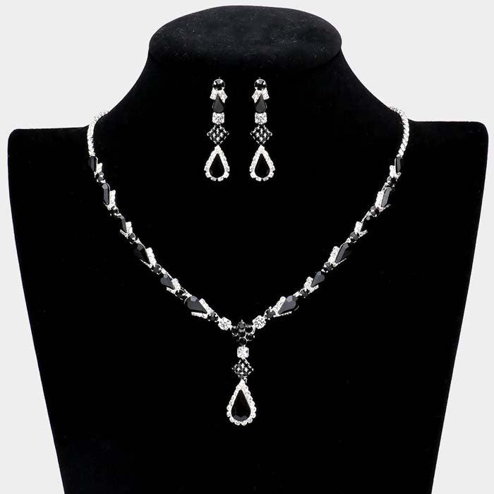 Black Teardrop Stone Detail Rhinestone Necklace Set