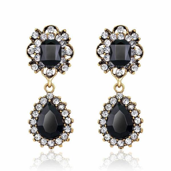 Black Water Drop Crystal Rhinestone Gold Earrings-Earring-SPARKLE ARMAND