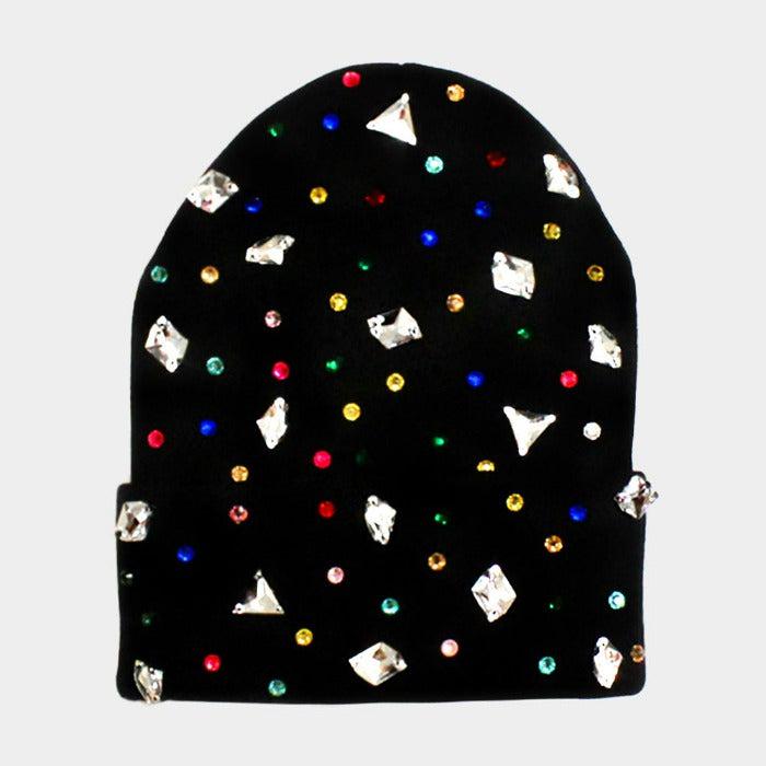 Bling Multi Color Rhinestones Black Beanie Hat