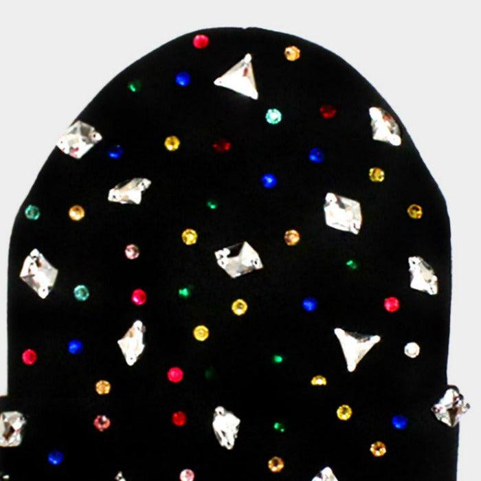 Bling Multi Color Rhinestones Black Beanie Hat