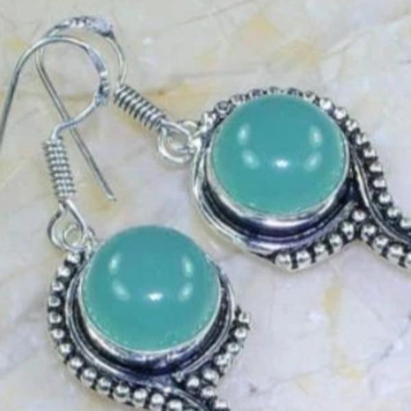 Blue Chalcedony Gemstone 3" Ornate Silver Plated Earrings-Earring-SPARKLE ARMAND