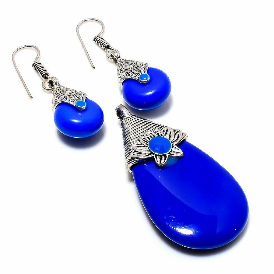 Blue Chalcedony Handmade Pendant Necklace & Earring Set-Necklace-SPARKLE ARMAND