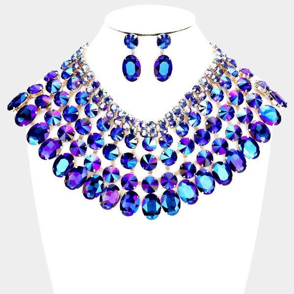 Blue Crystal Glass Bib Statement Necklace Set