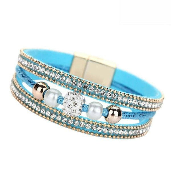 Blue Crystal Pearl Rhinestone Leather Magnetic Bracelet