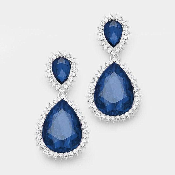 Blue Crystal Rhinestone Teardrop Evening Earrings