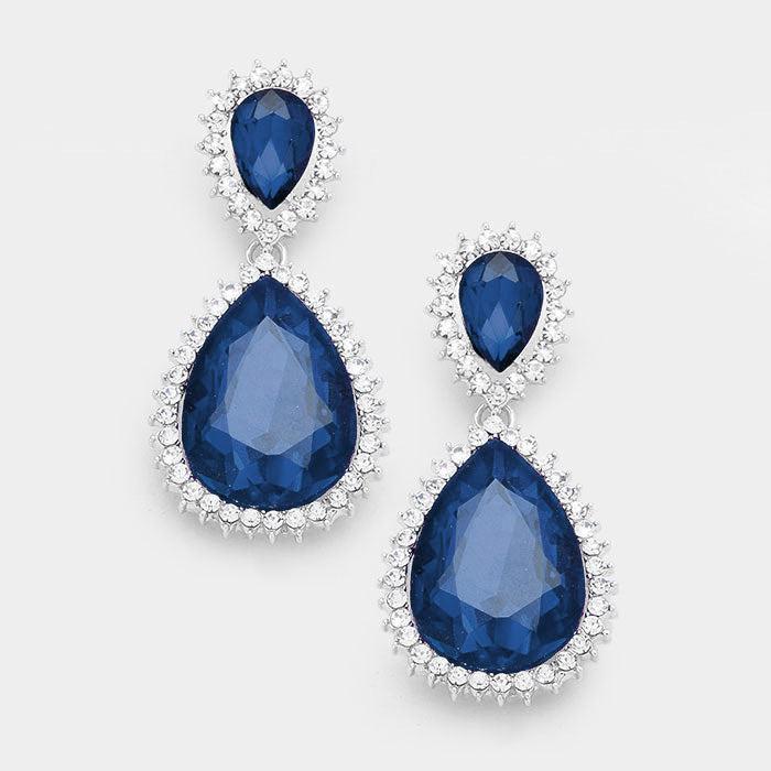 Blue Crystal Rhinestone Teardrop Evening Earrings