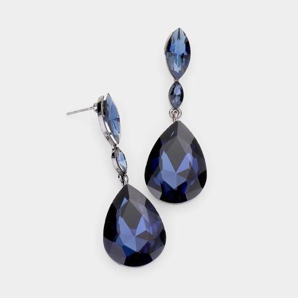 Blue Double Crystal Teardrop Drop Evening Earrings by Miro Crystal Collection