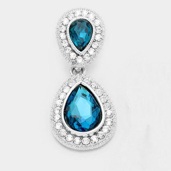 Blue Crystal Teardrop Silver Earrings-Earring-SPARKLE ARMAND