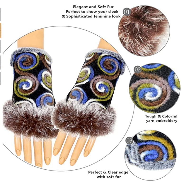 Blue Embroidery Fingerless Fur Glove-Gloves-SPARKLE ARMAND