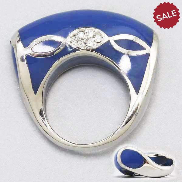 Blue Enamel Silver Tone & Clear Rhinestone Fashion Ring