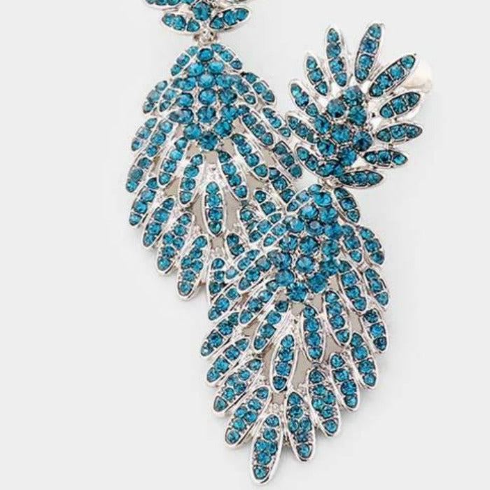 Blue Feather Pave Silver Clip on Earrings