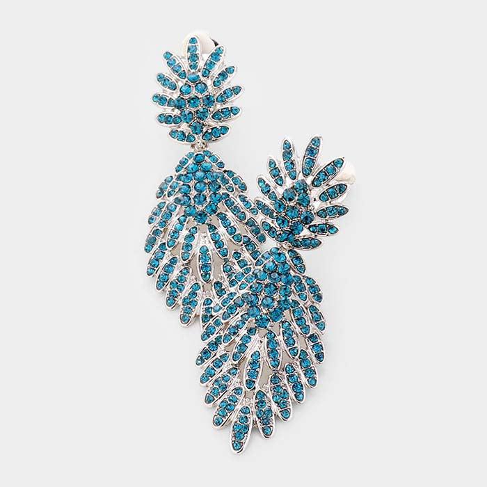 Blue Feather Pave Silver Clip on Earrings