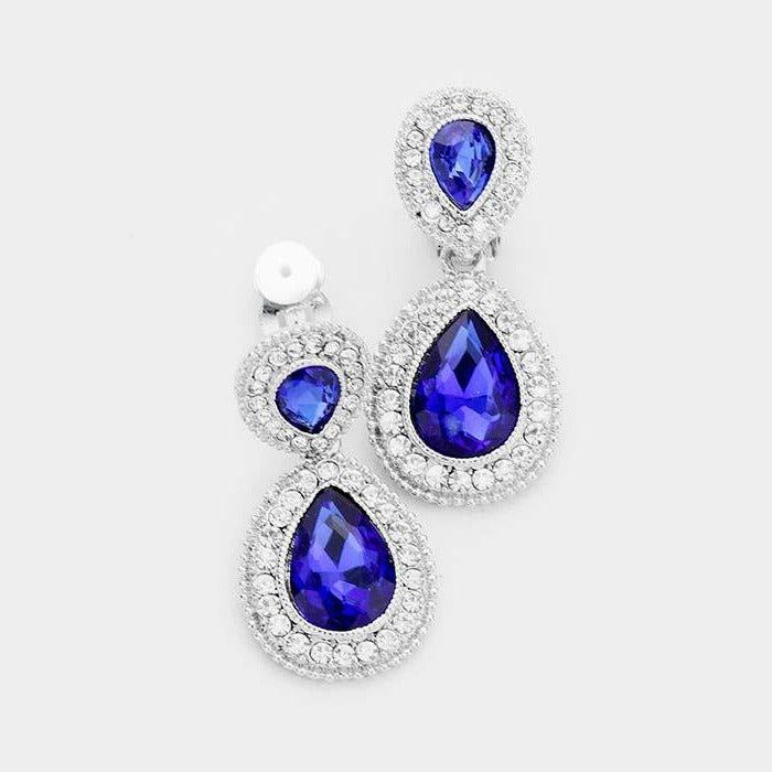 Blue Glass Crystal Pave Trim Teardrop Clip on Earrings