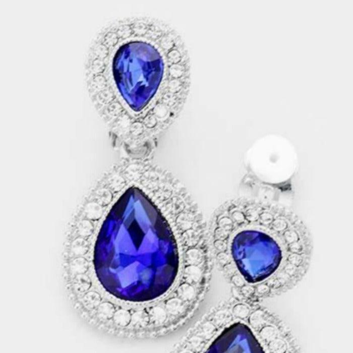 Blue Glass Crystal Pave Trim Teardrop Clip on Earrings