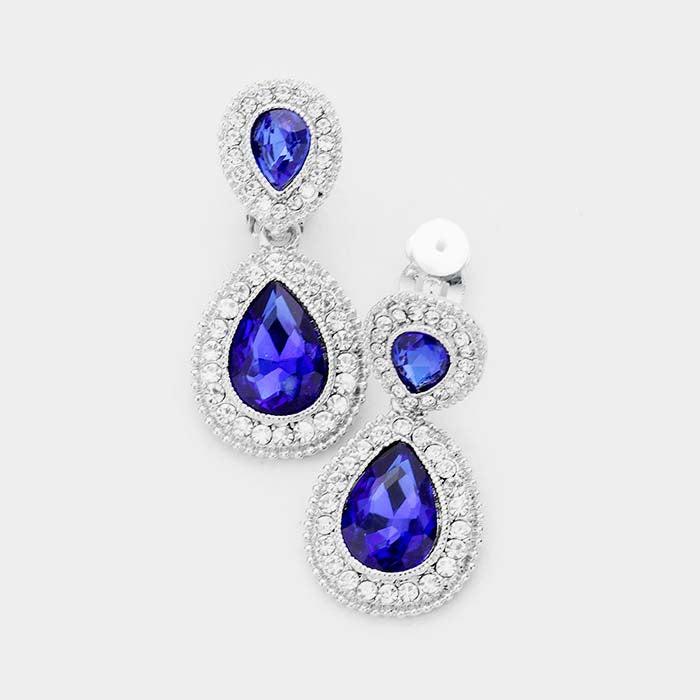 Blue Glass Crystal Pave Trim Teardrop Clip on Earrings
