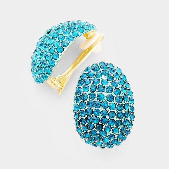 Blue Oval Crystal Embellished Clip on Earrings