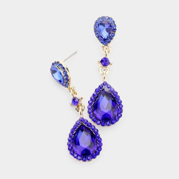 Miro Blue Pear Crystal Rhinestone Trim Drop Evening Earrings