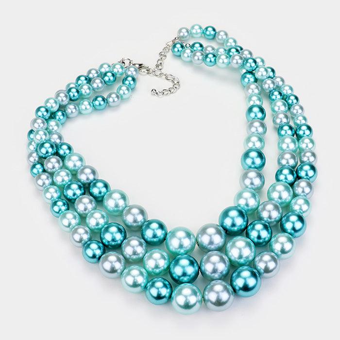 Blue Pearl (faux) Triple Strand Necklace & Earring Set by SP Sophia Collection