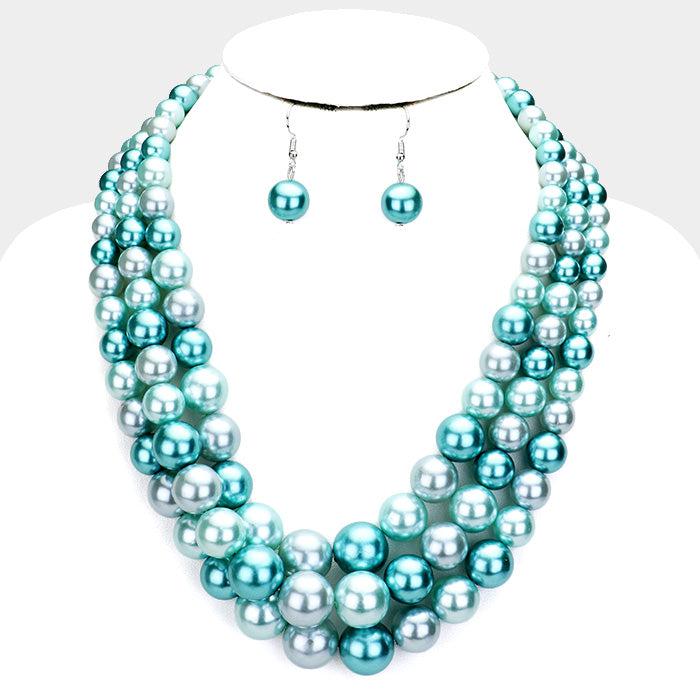 Blue Pearl (faux) Triple Strand Necklace & Earring Set by SP Sophia Collection