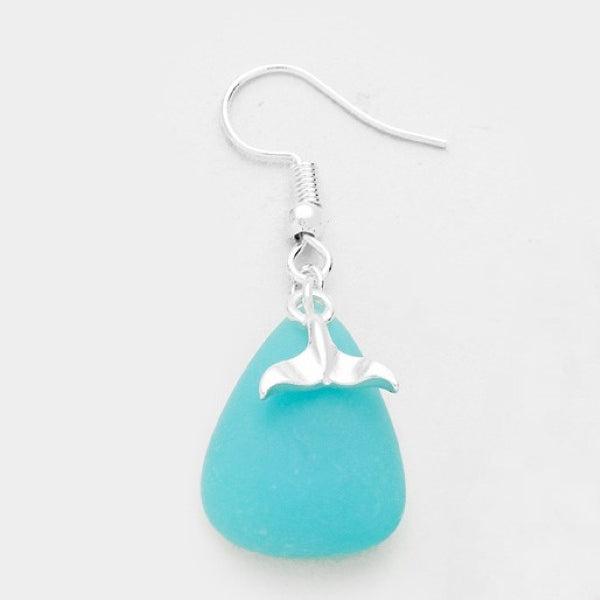 Blue Sea Glass Dolphin Tail Charm Silver Dangle Earrings by Sunnity