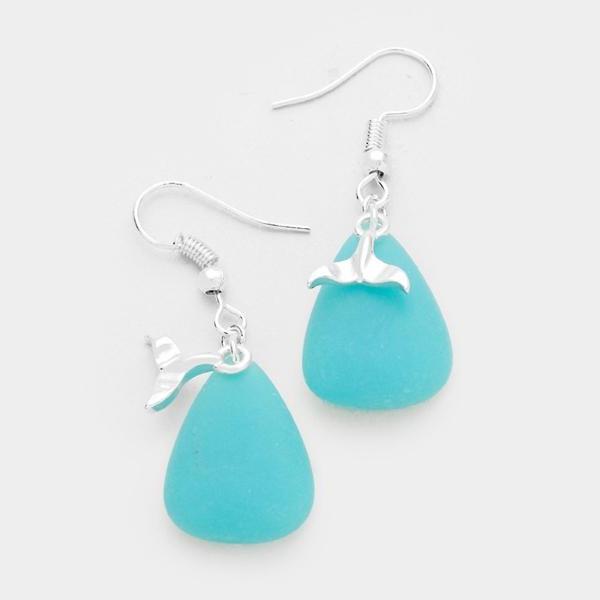 Blue Sea Glass Dolphin Tail Charm Silver Dangle Earrings by Sunnity