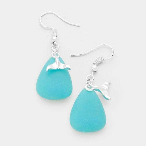 Blue Sea Glass Dolphin Tail Charm Silver Dangle Earrings by Sunnity