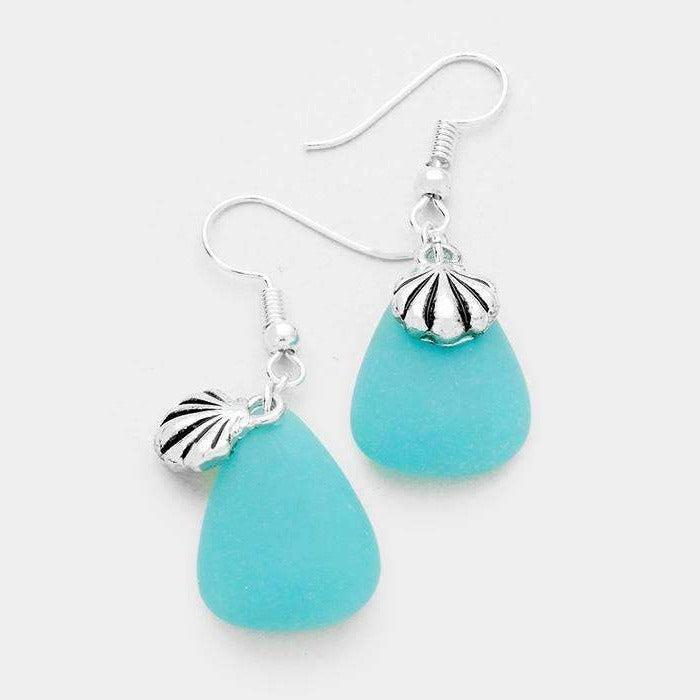 Blue Sea Glass Sea-Life Shell Charm Silver Dangle Pierced Earrings by Sunnity