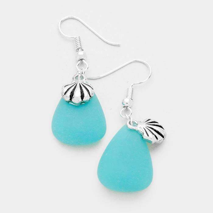 Blue Sea Glass Sea-Life Shell Charm Silver Dangle Pierced Earrings by Sunnity