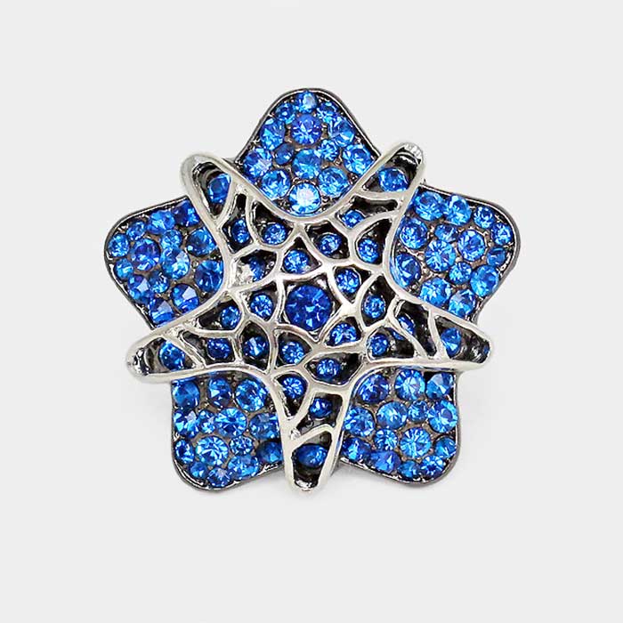 Blue Starfish Rhinestone Silver Stretch Ring