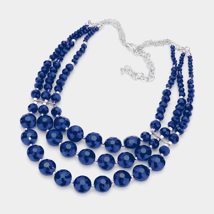 Blue Triple Layered Faceted Round Beaded Bib Necklace Set