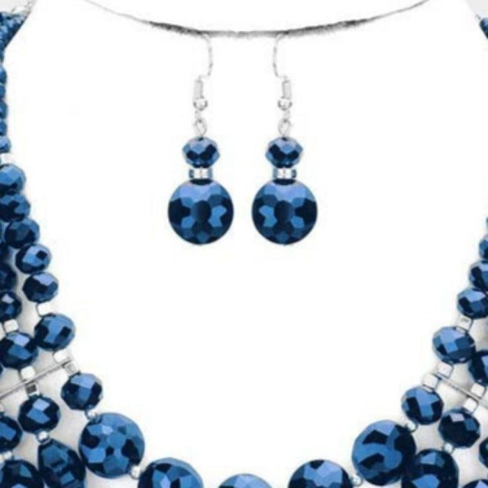 Blue Triple Layered Faceted Round Beaded Bib Necklace Set